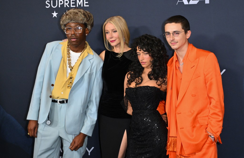 Tyler, The Creator, actors Gwyneth Paltrow, Odessa A'zion and Timothee Chalamet attend the NY premiere of "Marty Supreme" in New York