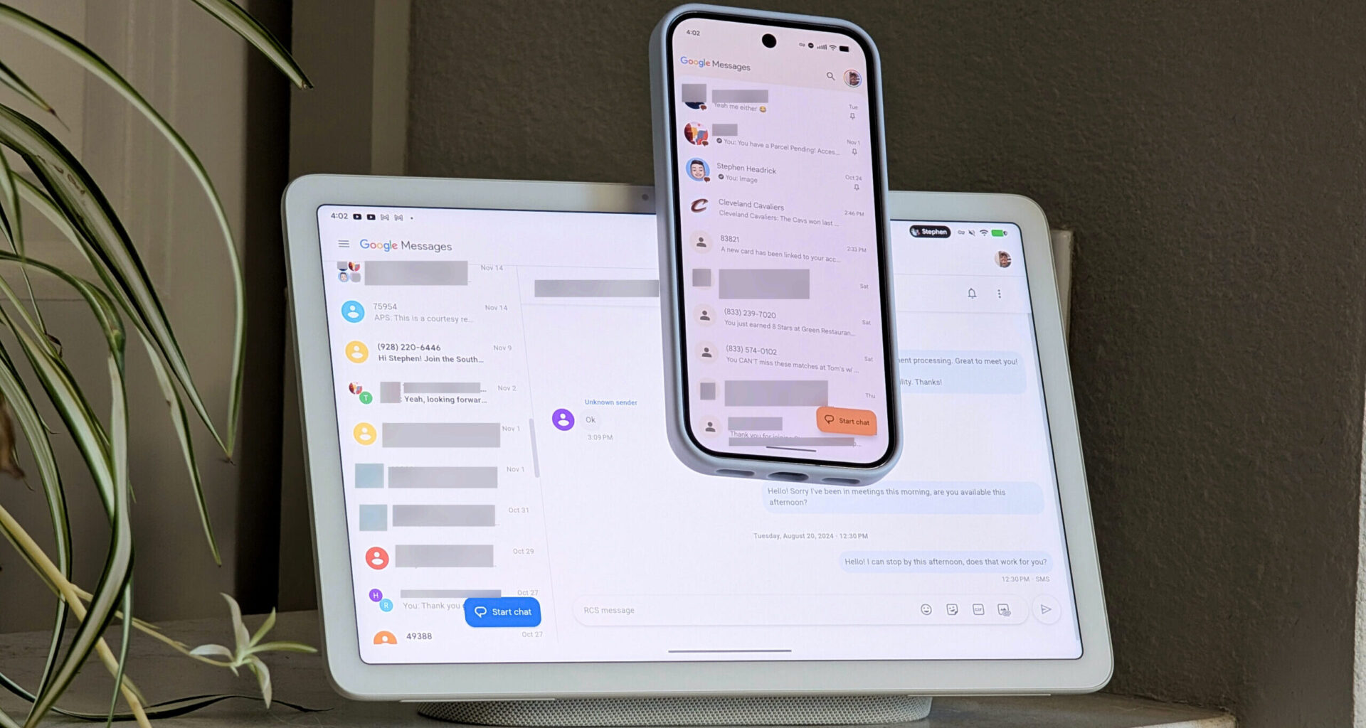 Pixel 10 Pro on Pixel Tablet, with both devices showing Google Messages on screen