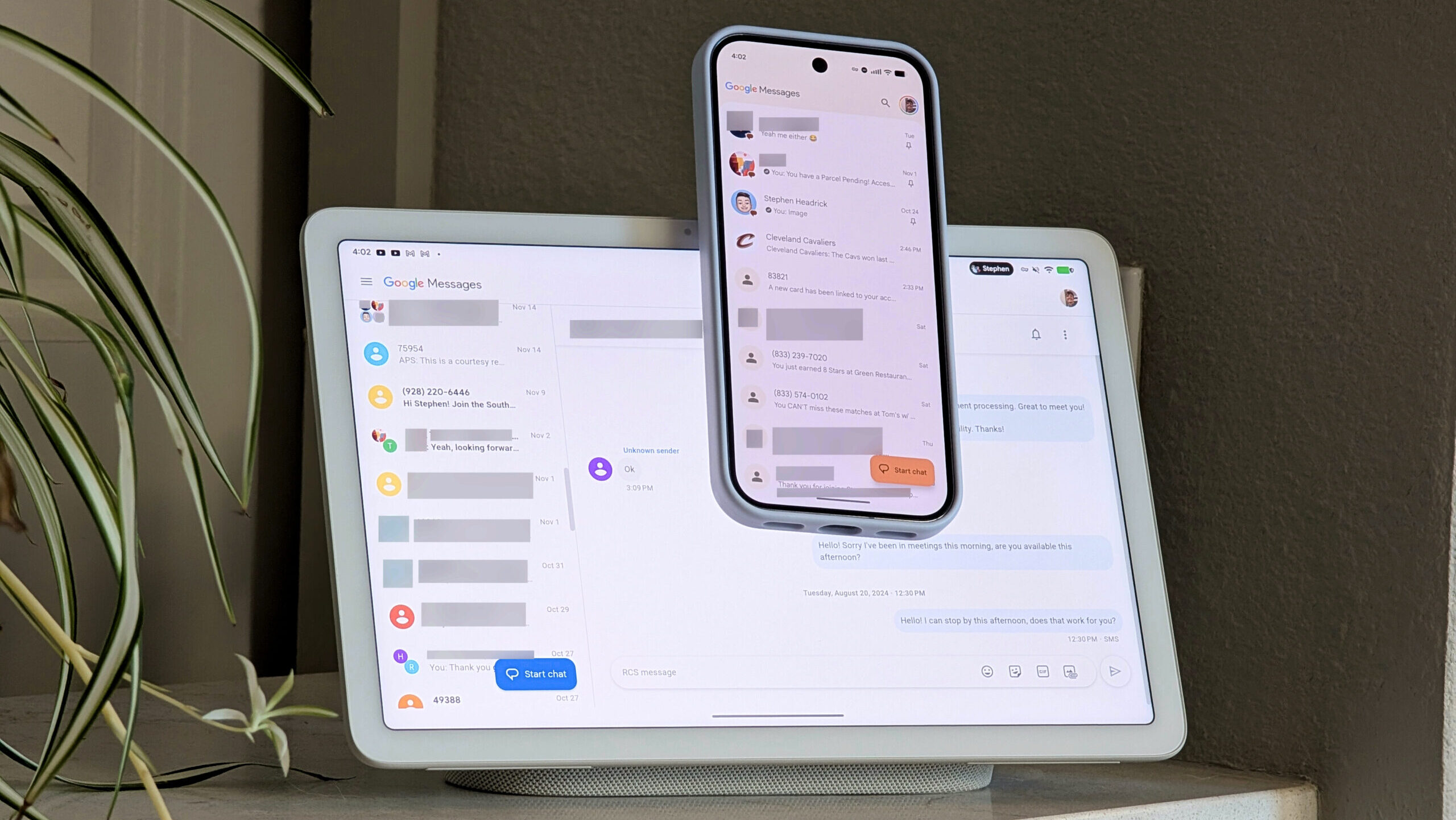 Pixel 10 Pro on Pixel Tablet, with both devices showing Google Messages on screen