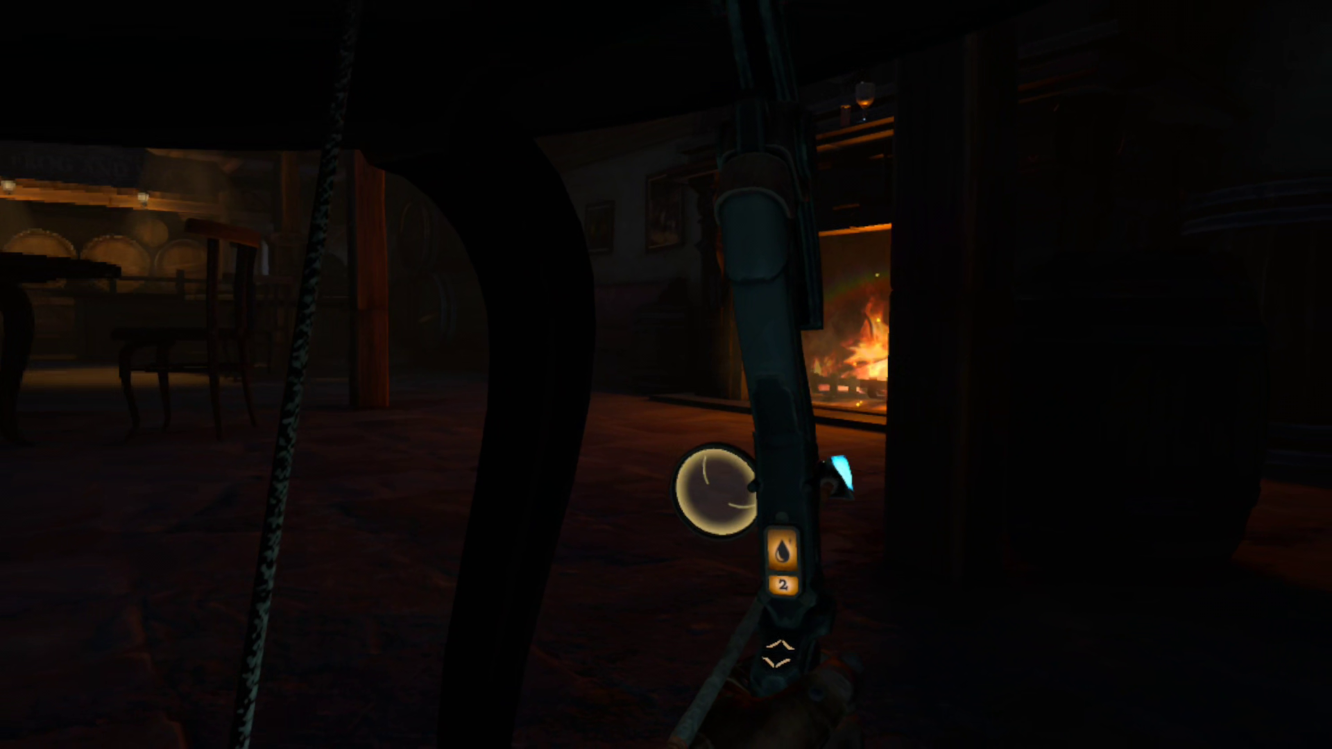Hiding under a bar room table, the player takes aim with their bow and a water arrow to extinguish a nearby fireplace to unlock a secret route ahead.