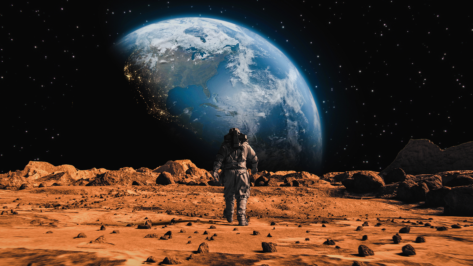 Following Shot of Brave Astronaut in Space Suit Confidently Walking on Mars Towards Earth Planet. Earth Planet as viewed from Mars surface. The surface of Mars, strewn with small rocks and red sand.