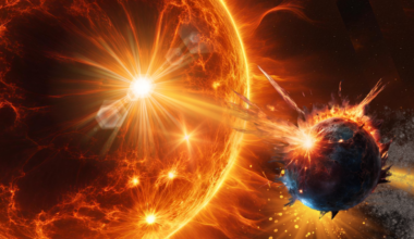 An illustration shows a planet being disintergrated "spilling its guts" into space