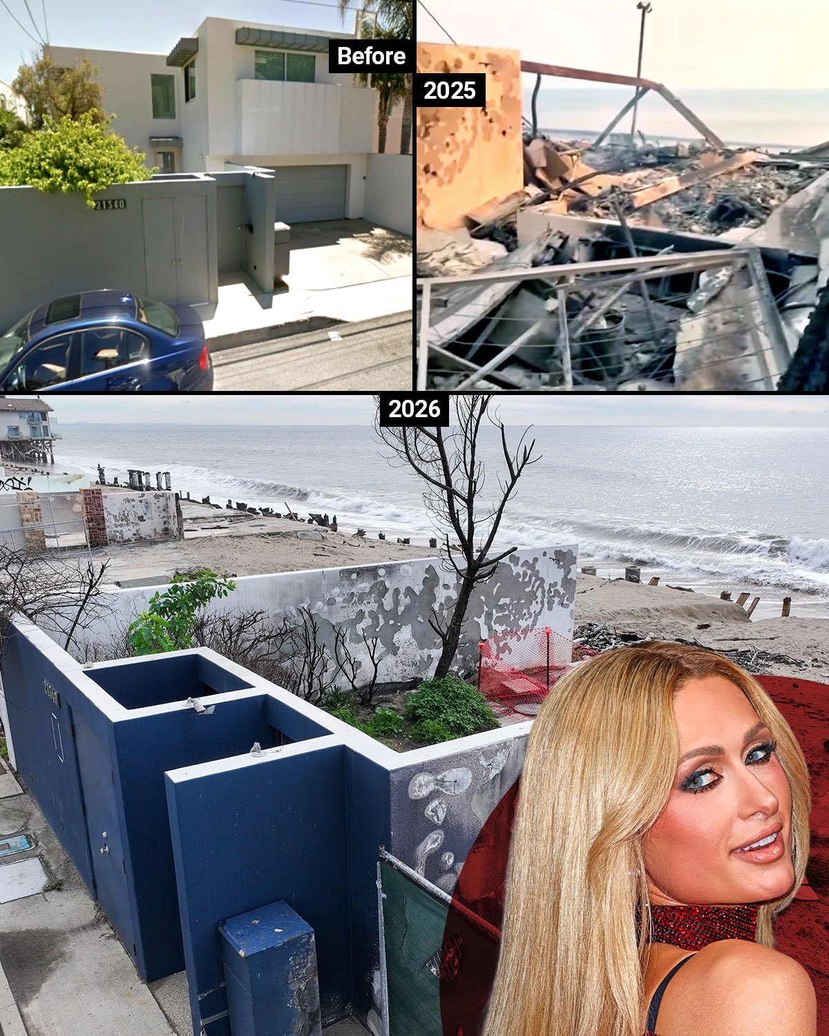 Collage of three images showing a house before, during, and after a fire, with Paris Hilton's face superimposed.