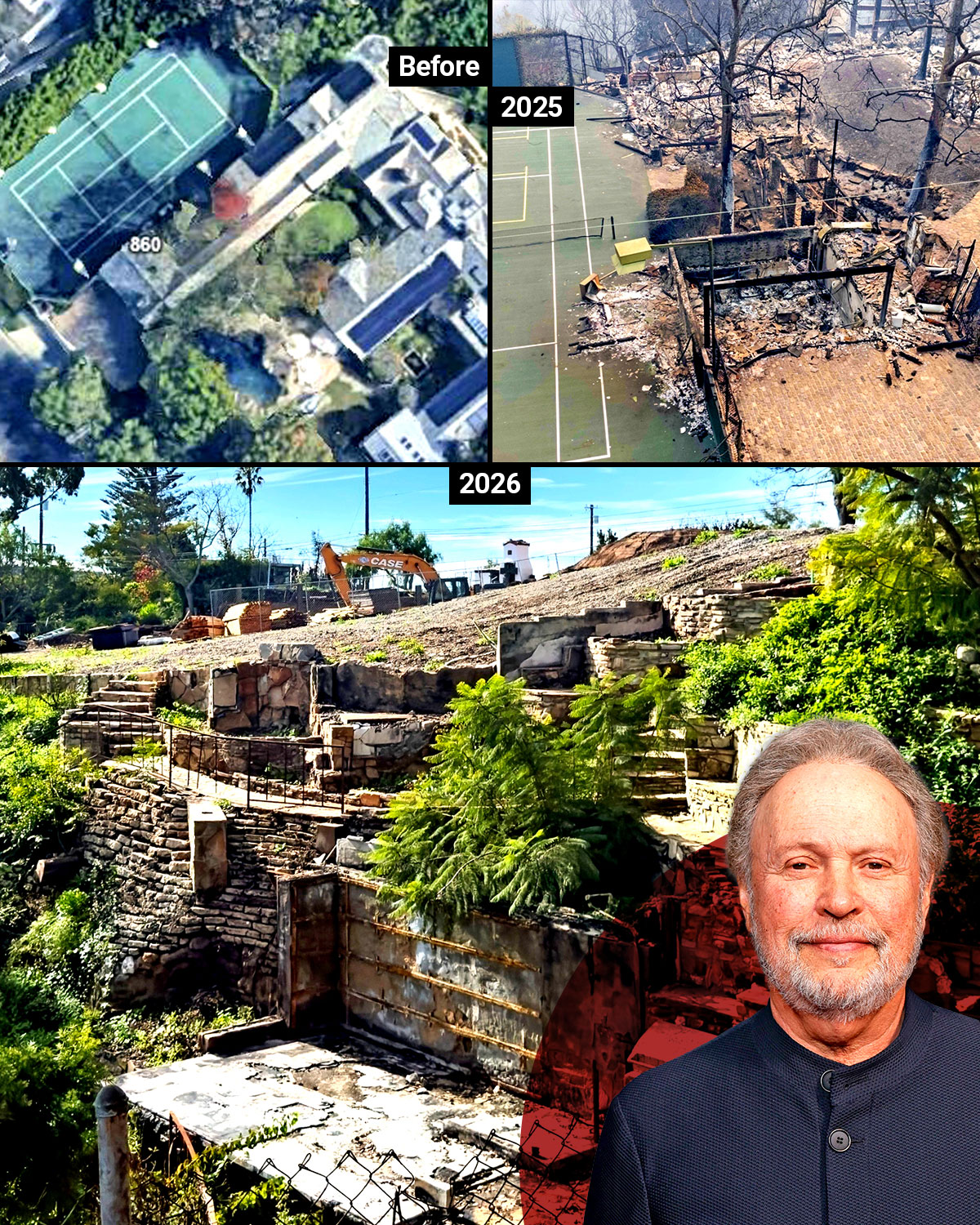 Collage of three images showing a property before a fire, after a fire, and during reconstruction, with an overlaid image of Billy Crystal.