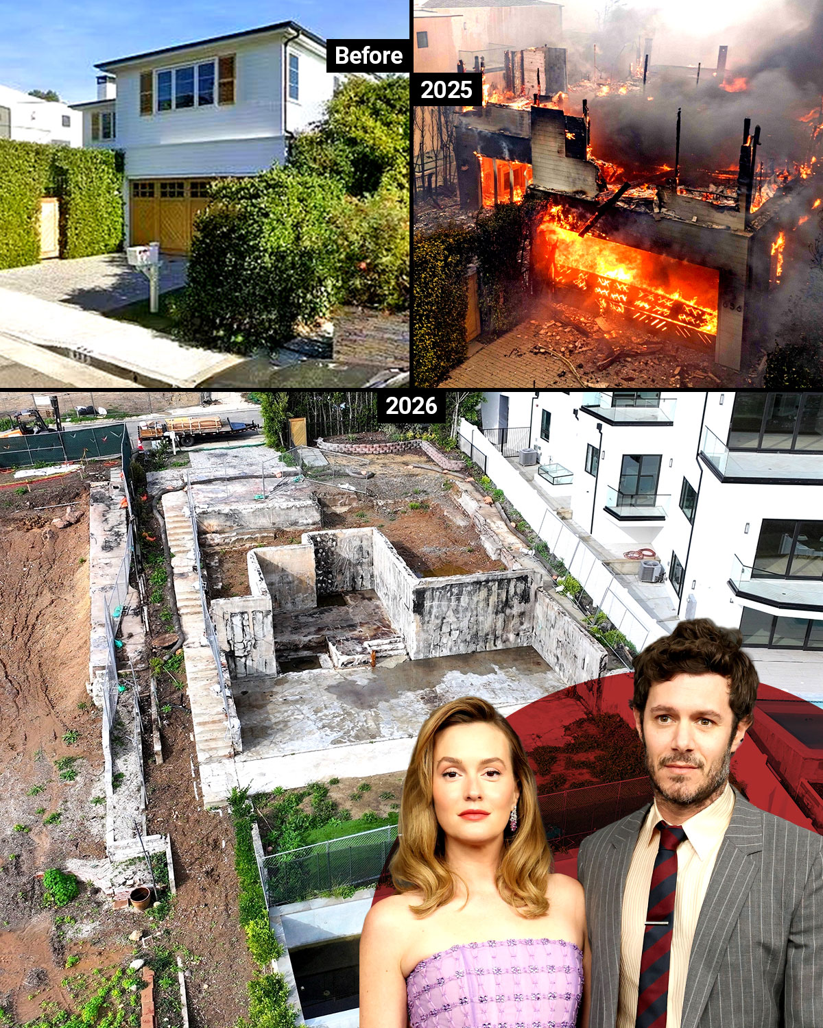 Collage of a house before a fire, during a fire, and its foundations after the fire, overlaid with portraits of Leighton Meester and Adam Brody.