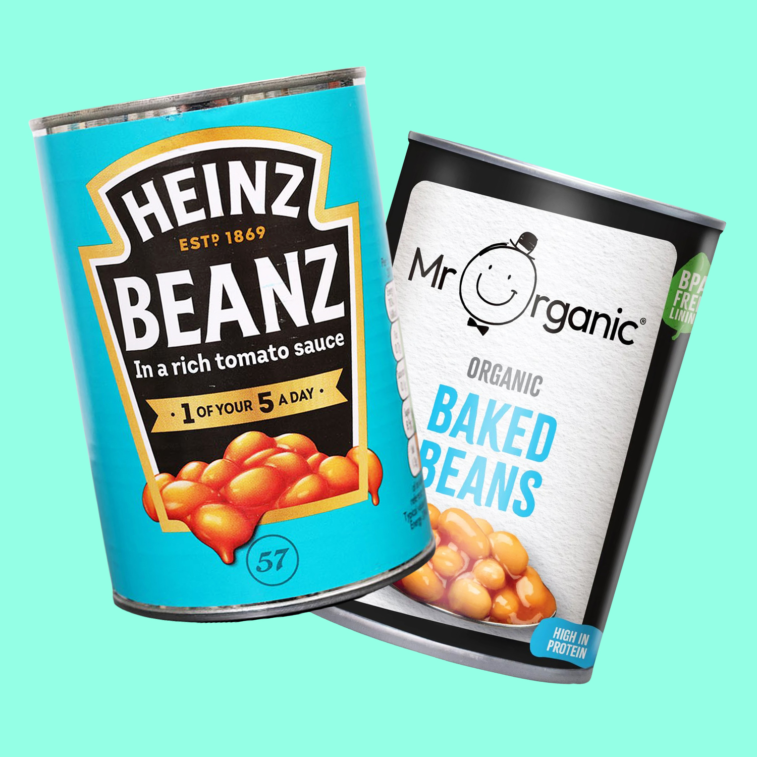 Two cans of baked beans, Heinz Beanz and Mr Organic Baked Beans.