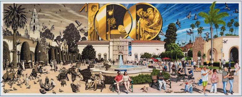  A drawing of the Plaza de Panama in front of the San Diego museum of art, with people crowding the plaza, both in black and white and in color and a golden "100" atop the museum's famed facade.