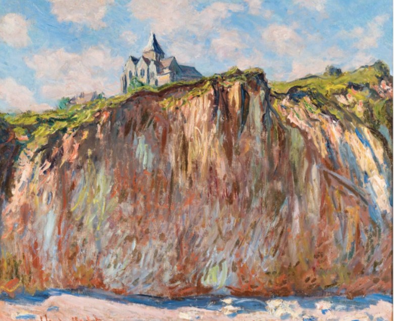 a painting of a blue sky dotted with puffy clouds over a steep cliff with a green landscape and a church near the edge. Water and rocks line the bottom of the cliff.