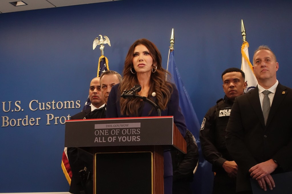 Department of Homeland Security Secretary Kristi Noem speaks at One World Trade Center about a deportation investigation