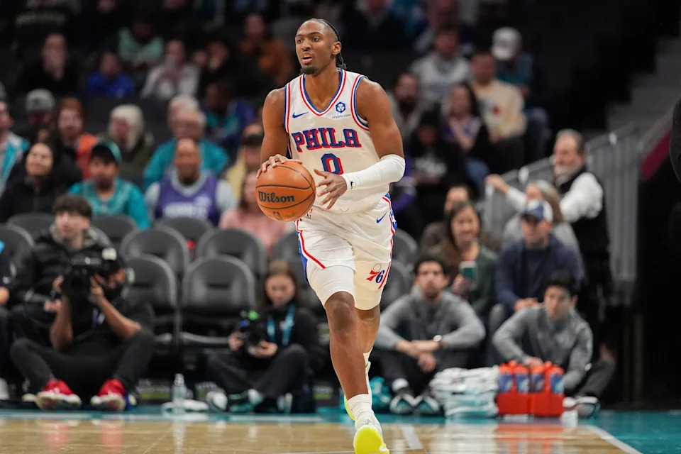 Jan 26, 2026; Charlotte, North Carolina, USA; Philadelphia 76ers guard Tyrese Maxey (0) brings the ball up court against the Charlotte Hornets during the first quarter at Spectrum Center. Mandatory Credit: Jim Dedmon-Imagn Images