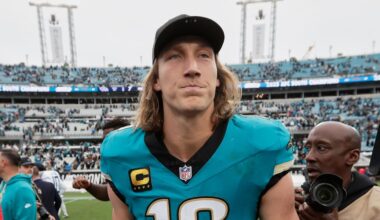 Jan 4, 2026; Jacksonville, Florida, USA; Jacksonville Jaguars quarterback Trevor Lawrence (16) and Tennessee Titans defensive tackle Jeffery Simmons (98) shake hands after the game at EverBank Stadium. Mandatory Credit: Travis Register-Imagn Images