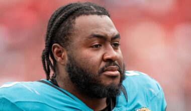 September 28, 2025; Santa Clara, California, USA; Jacksonville Jaguars guard Chuma Edoga (55) after the game against the San Francisco 49ers at Levi's Stadium. Mandatory Credit: Kyle Terada-Imagn Images
