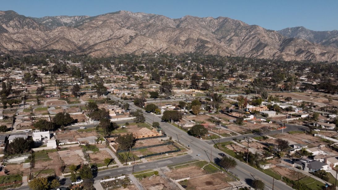 Empty lots of homes destroyed in the Eaton Fire are seen in Altadena.