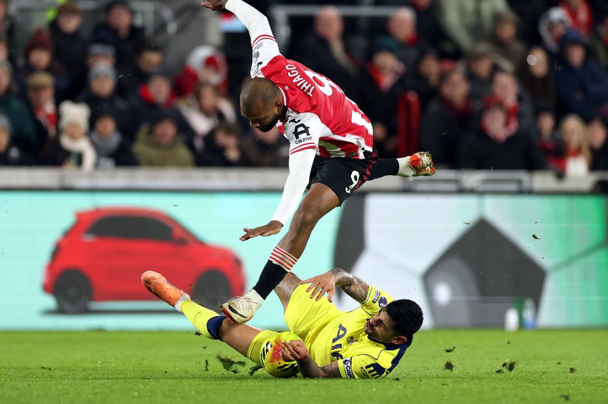 Cristian Romero challenges Igor Thiago during Tottenham Hotspur's clash with Brentford