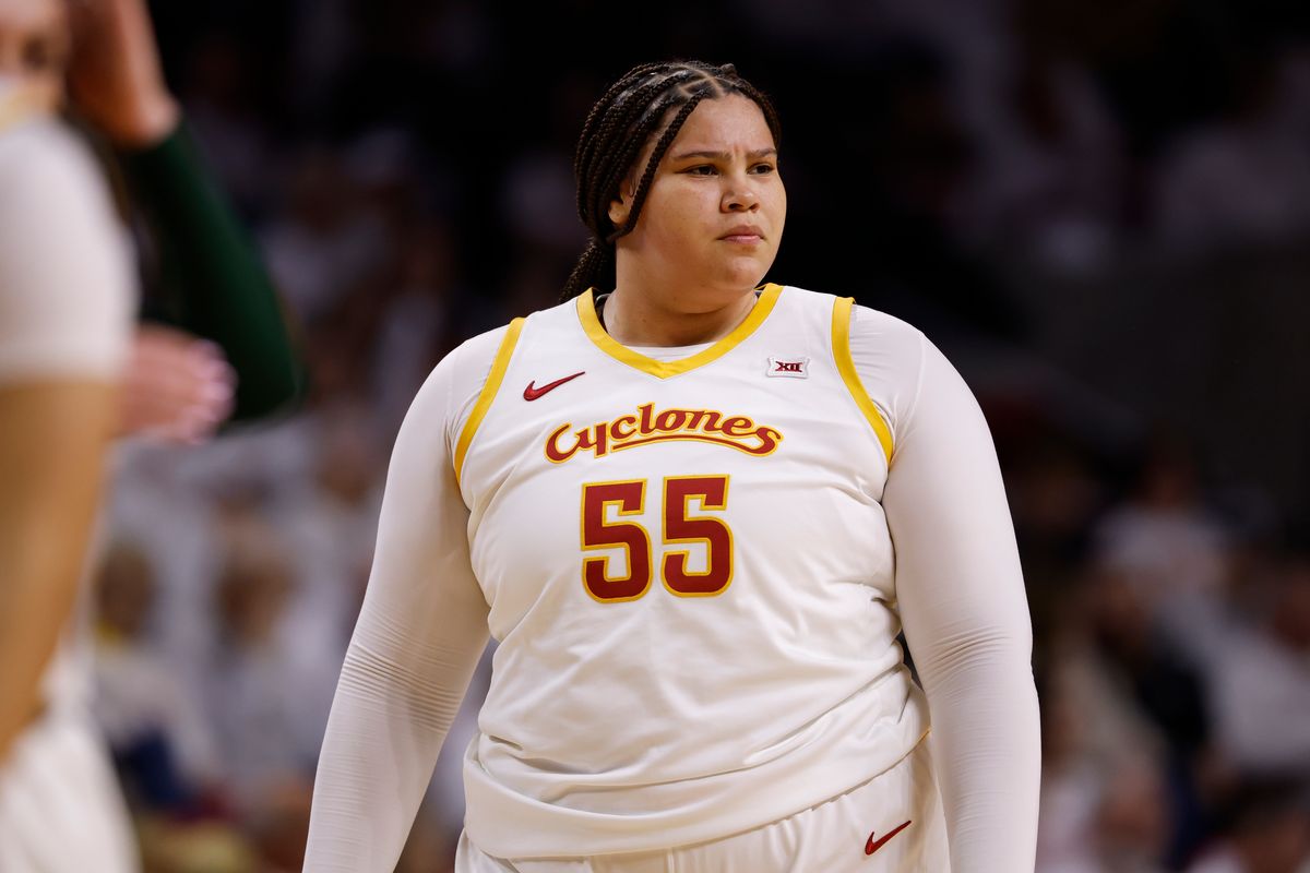 Audi Crooks #55 of the Iowa State Cyclones walks down the court in the first half of play at Hilton Coliseum on January 4, 2026, in Ames, Iowa. The Baylor Bears won 72-70 over the Iowa State Cyclones