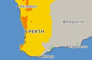 Severe heatwave conditions, in dark orange, are forecast for parts of WA on Wednesday.