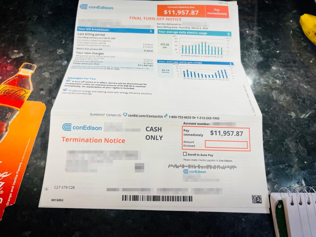 A Con Edison electric bill with a current balance due of $11,957.87 and a final turn-off notice.