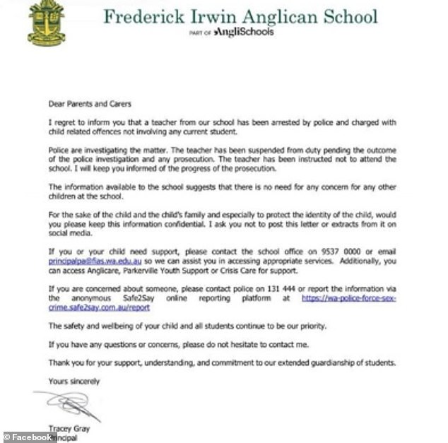 The private co-educational Anglican school sent a letter to parents on Tuesday