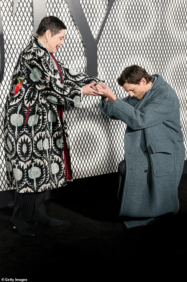 At one point, Kutcher got on his knees and bowed to Rossellini