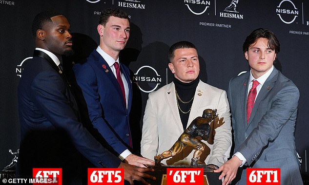 Heisman candidates, from left: Jeremiyah Love, Fernando Mendoza, Diego Pavia  and Julian Sayin. Despite having an official height of 6ft, Pavia was noticeably small than everyone else