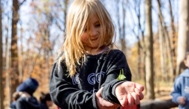 A Nature Preschool student holds a katydid on her arm in the woods