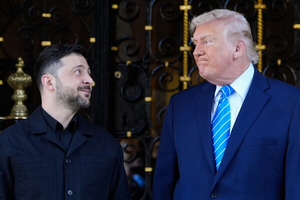 U.S. President Donald Trump greets Ukraine's President Volodymyr Zelenskyy at his Mar-a-Lago club, Dec. 28, 2025, in Palm Beach, Florida. (AP Photo/Alex Brandon, File)
