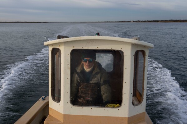 Retired WNBA star and Hall of Famer Sue Wicks rides her boat to check on her oysters in Moriches Bay in New York, Thursday, Nov. 20, 2025. (AP Photo/Yuki Iwamura)