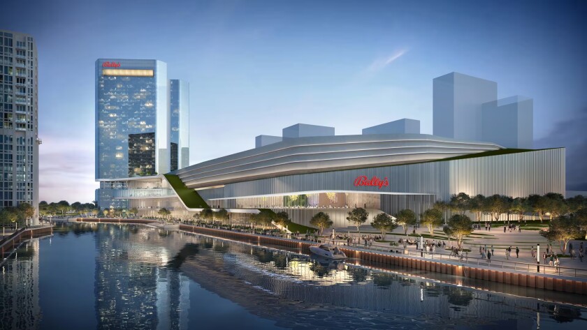 Exterior rendering of the planned Bally's Chicago casino complex along the Chicago River, at 777 W. Chicago Ave.