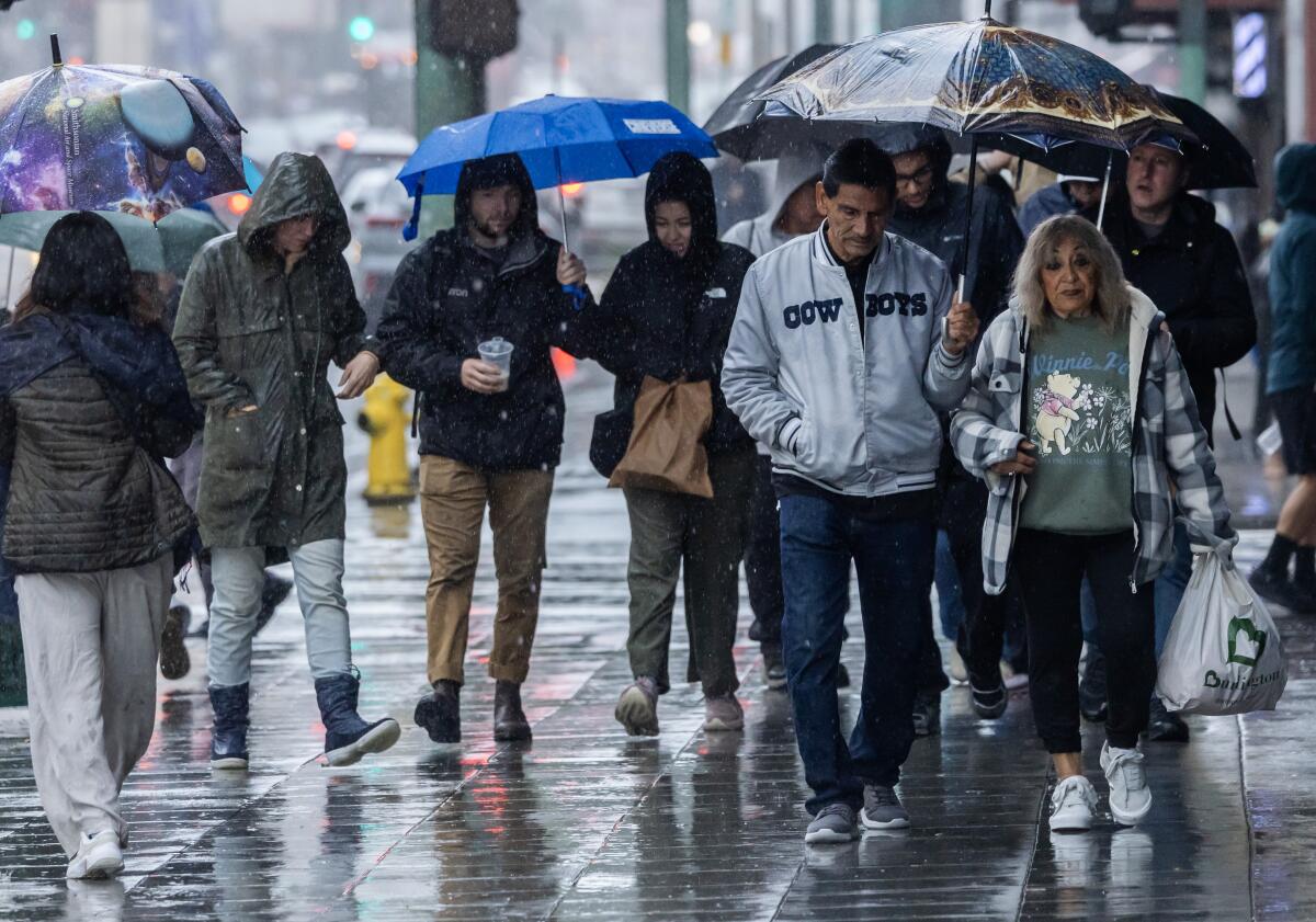 Downtown Los Angeles was wet on Saturday.
