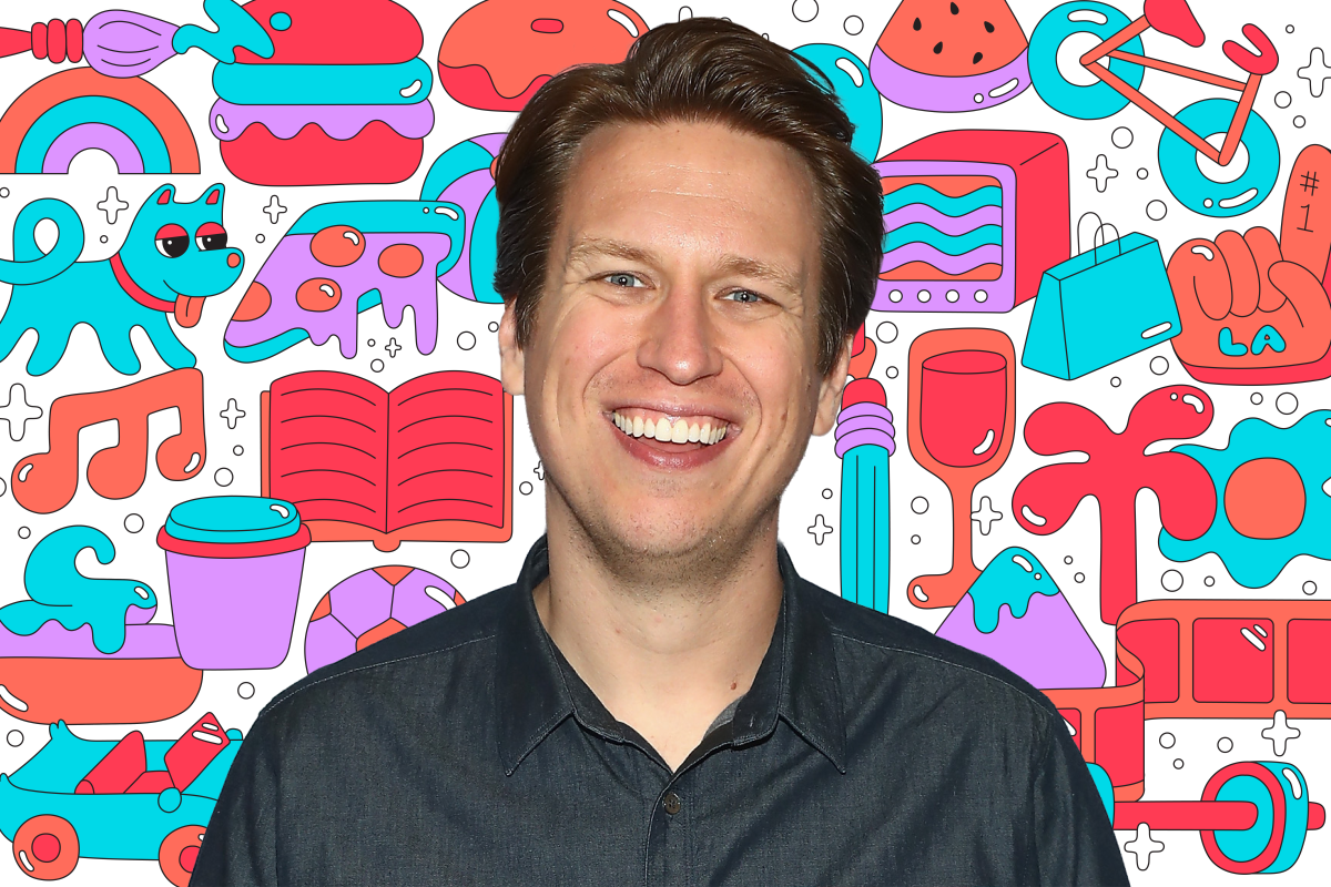 Photo of a person on a background of colorful illustrations like a book, dog, pizza, TV, shopping bag, and more