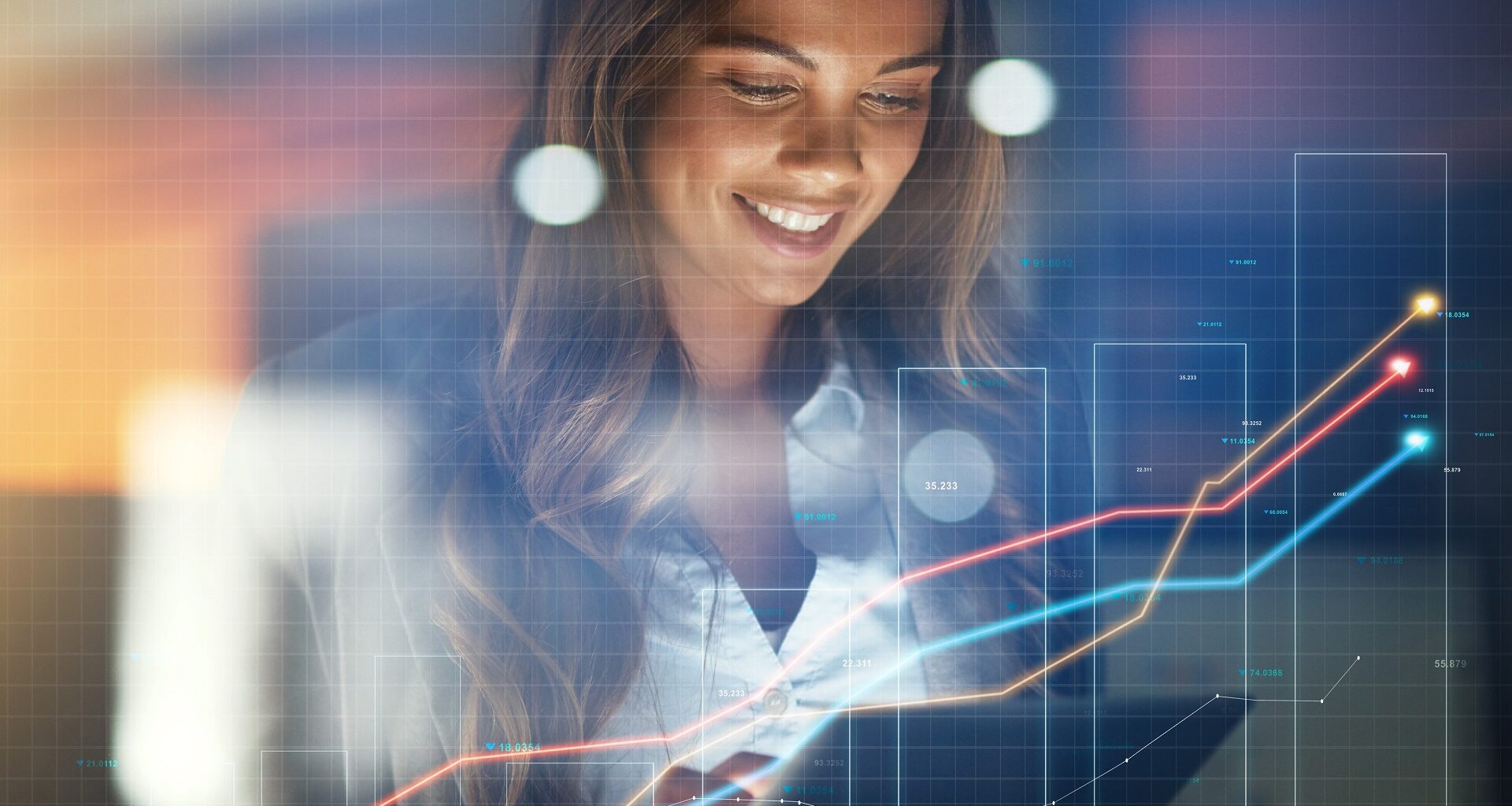 Business woman, tablet and stock market in double exposure for trading profit, increase and data growth at night. Happy trader, analyst or investor with finance graphs, arrow or statistics in overlay stock photo