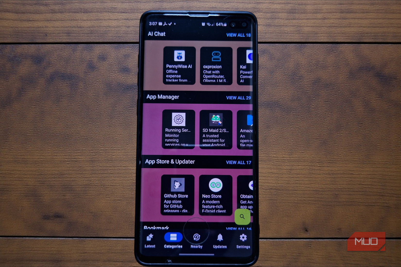 A smartphone screen displaying the F-Droid categorized dashboard