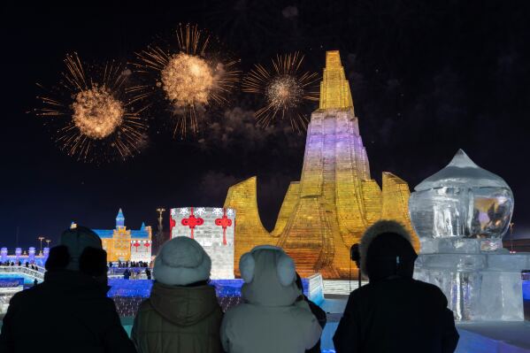 Fireworks are set off during the opening ceremony for the annual Ice and Snow Festival in Harbin, northeastern China's Heilongjiang province on Monday, Jan. 5, 2026. (AP Photo/Ng Han Guan)
