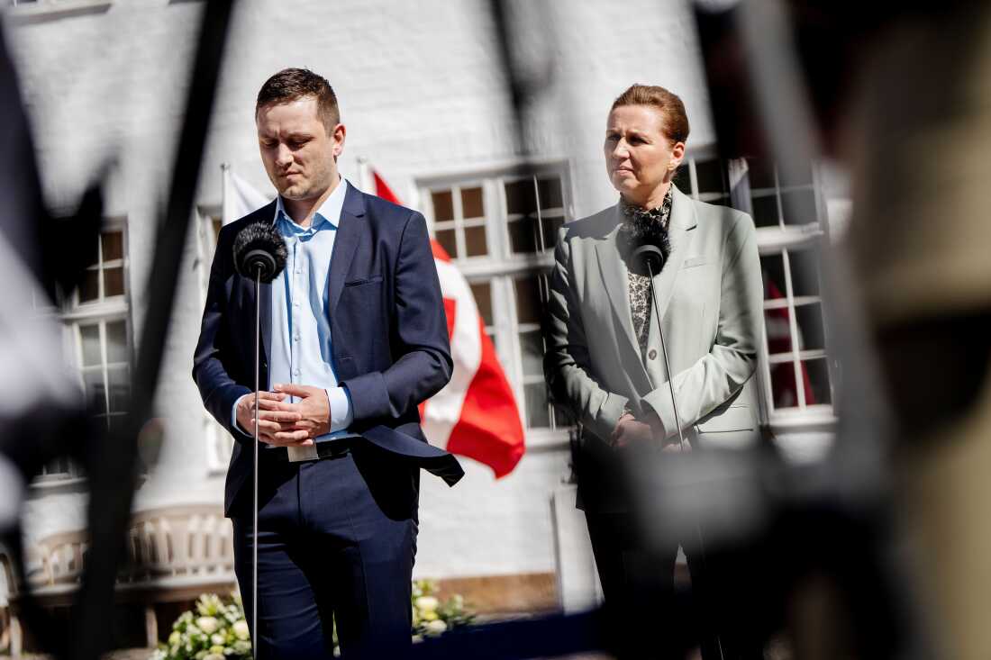 FILE - Denmark's Prime Minister Mette Frederiksen, right, and Greenland's Prime Minister Jens-Frederik Nielsen, speak on April 27, 2025, in Marienborg, Denmark. (Mads Claus Rasmussen/Ritzau Scanpix via AP, File)