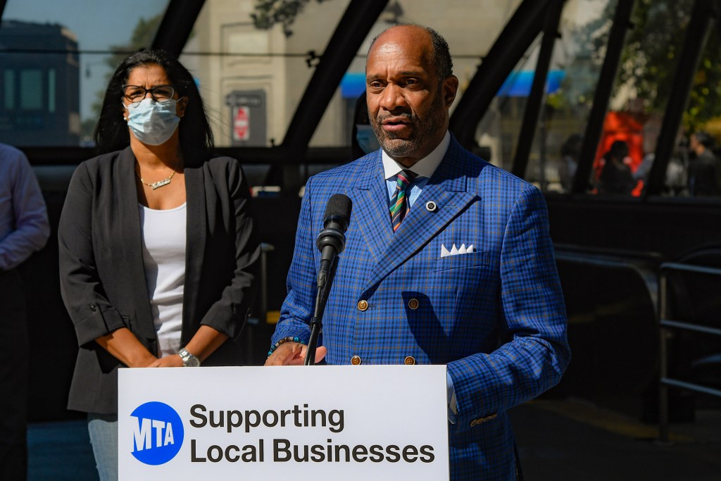 MTA Chief Diversity Officer Michael Garner announces outside the Bowling Green station a milestone in contracting with MWBEs through the MTA Small Business Mentoring Program.