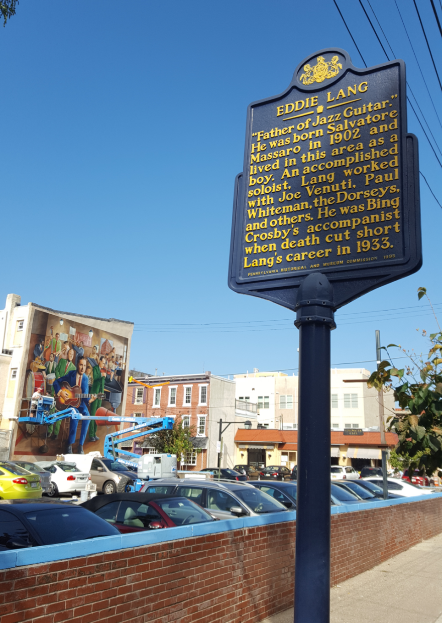 Eddie Lang Pennsylvania Historical Market and mural at 7th and Fitzwater Streets in Bella Vista, South Philadelphia on October 19, 2016.