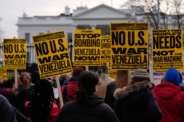 Protesters rally outside the White House Saturday, Jan. 3, 2026, in Washington, after the U.S. captured Venezuelan President Nicolás Maduro and his wife in a military operation. (AP Photo/Julia Demaree Nikhinson, File)