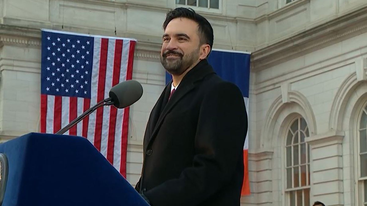 NYC Mayor Zohran Mamdani delivers his inauguration address, Thursday, Jan. 1, 2026, outside City Hall.