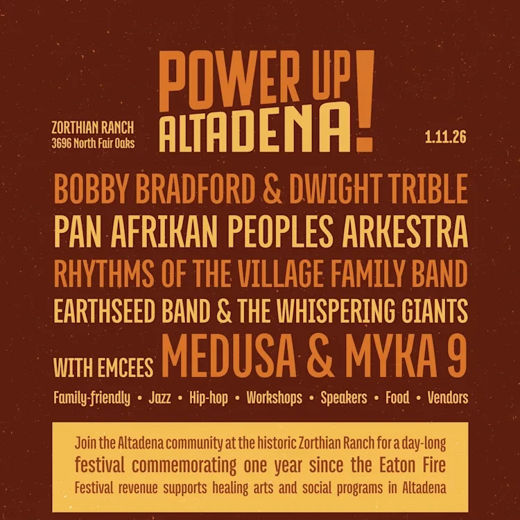 A red digital poster listing bands for Power Up Altadena!
