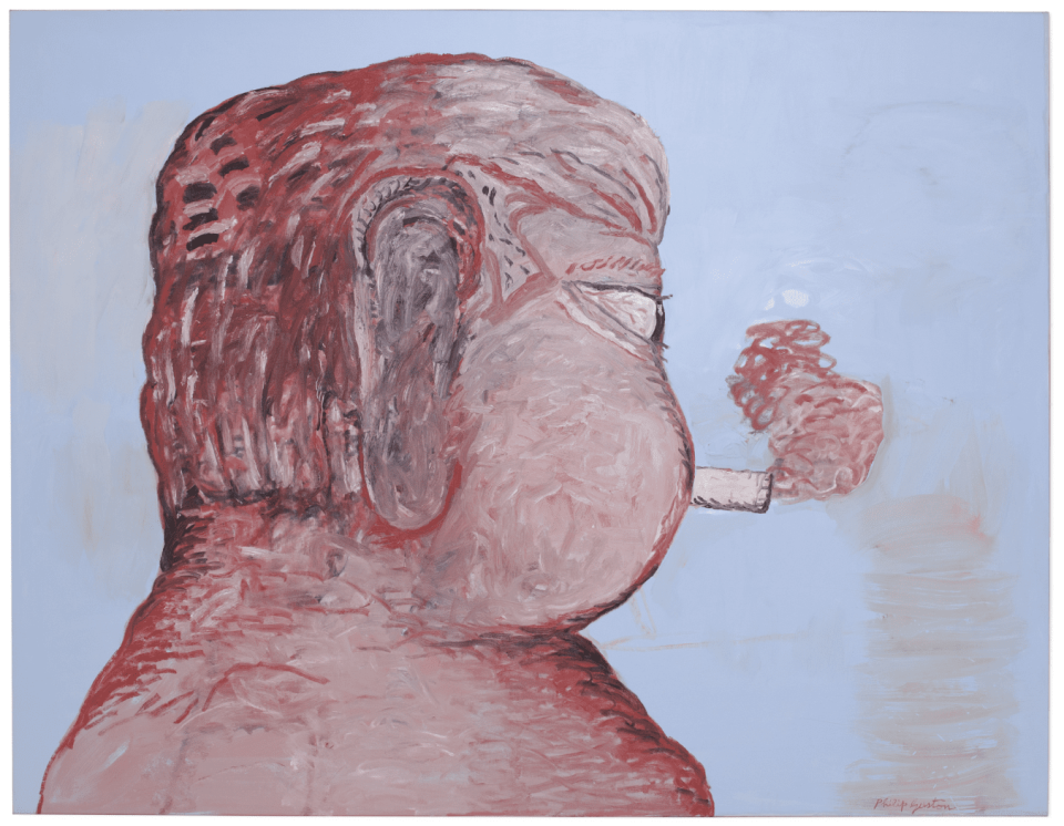 A painting of Morton Feldman in reddish hues. 