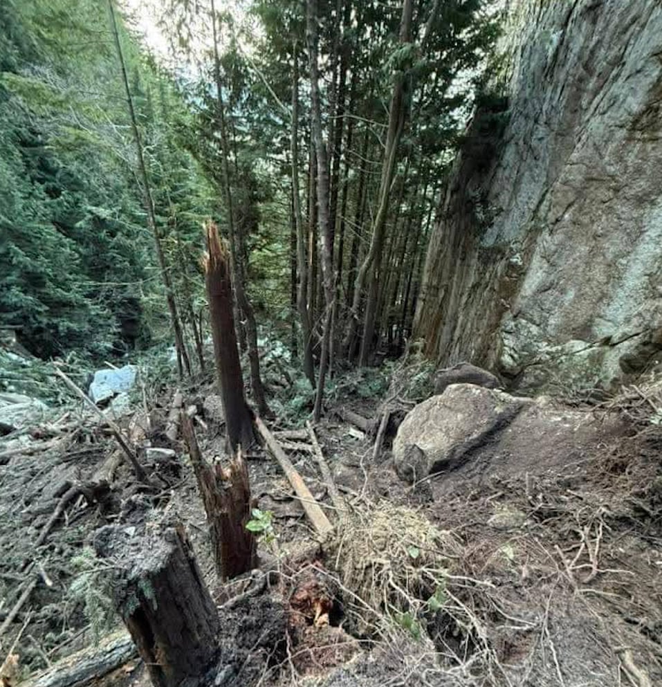Rock fall onto trail in Squamish 