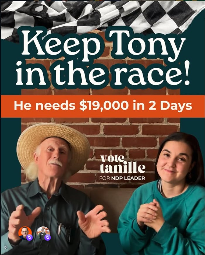A man and a woman underneath a graphic that says 'Keep Tony in the race.'