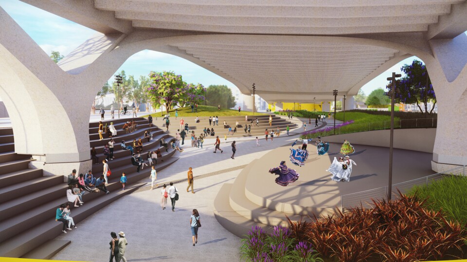 A digital rendering of people sitting and walking around a park with seating and stairs in front of a stage underneath a bridge.