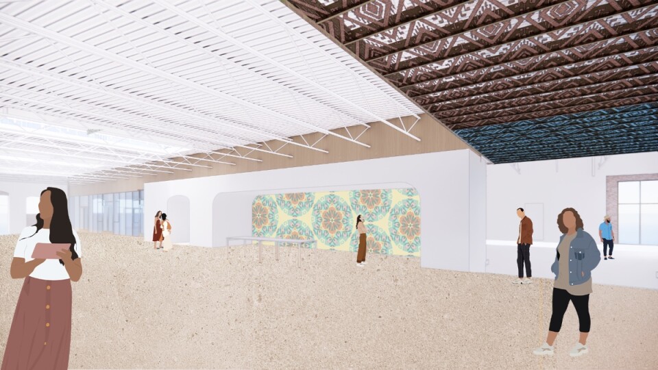 A digital rendering of people walking around a large space with a ceiling and wall that has a design.