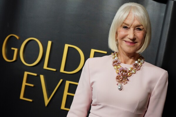 Helen Mirren arrives at the Golden Globes Golden Eve on Tuesday, Jan. 6, 2026, at The Beverly Hilton Hotel, in Beverly Hills, Calif. (Photo by Jordan Strauss/Invision/AP)