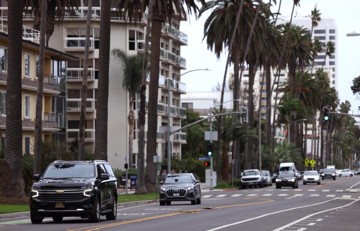 Traffic makes its way down Ocean Avenue in Santa Monica.