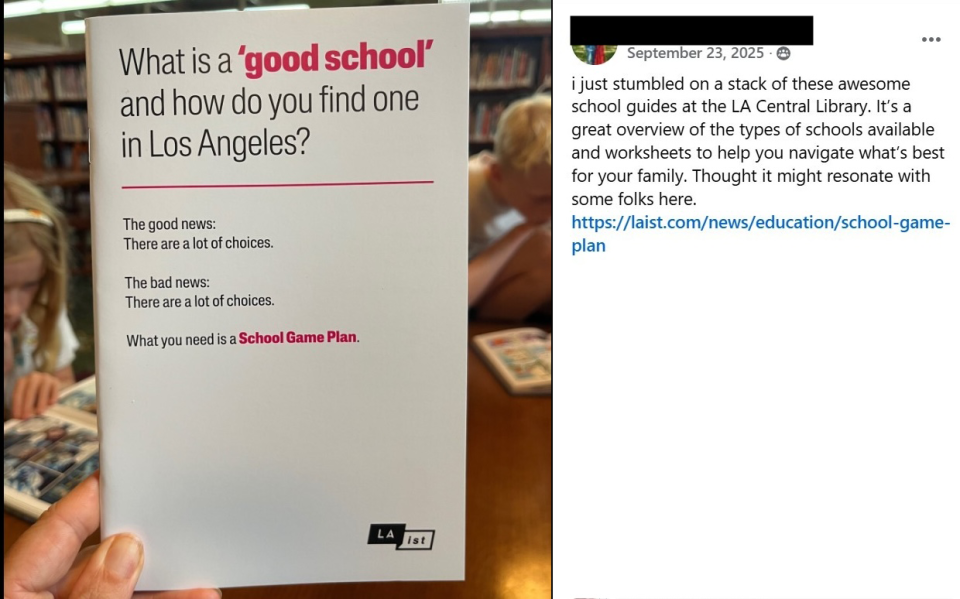 A hand holds an LAist workbook titled "What is a 'Good School' and How Do You Find One in Los Angeles?" In the blurred background, young children are reading at a table, surrounded by stacks of books on library shelves. 
