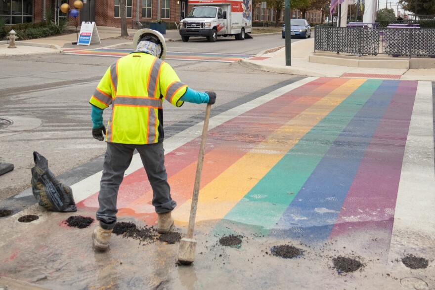 The Rainbow Crosswalks on Main Ave and Evergreen St being removed on January 12, 2025