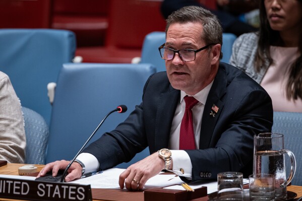 FILE - U.S. Ambassador to the U.N. Mike Waltz addresses the High-Level Security Council on Palestinians and Israel during the 80th session of the United Nations General Assembly, Sept. 23, 2025. (AP Photo/Angelina Katsanis)