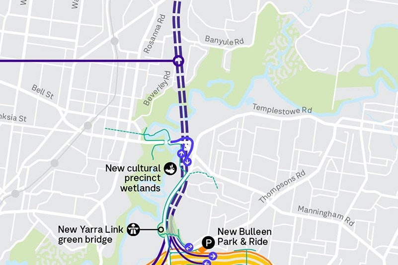 A map showing suburbs around Heidelberg with a purple dotted line indicating the route of a new road tunnel.
